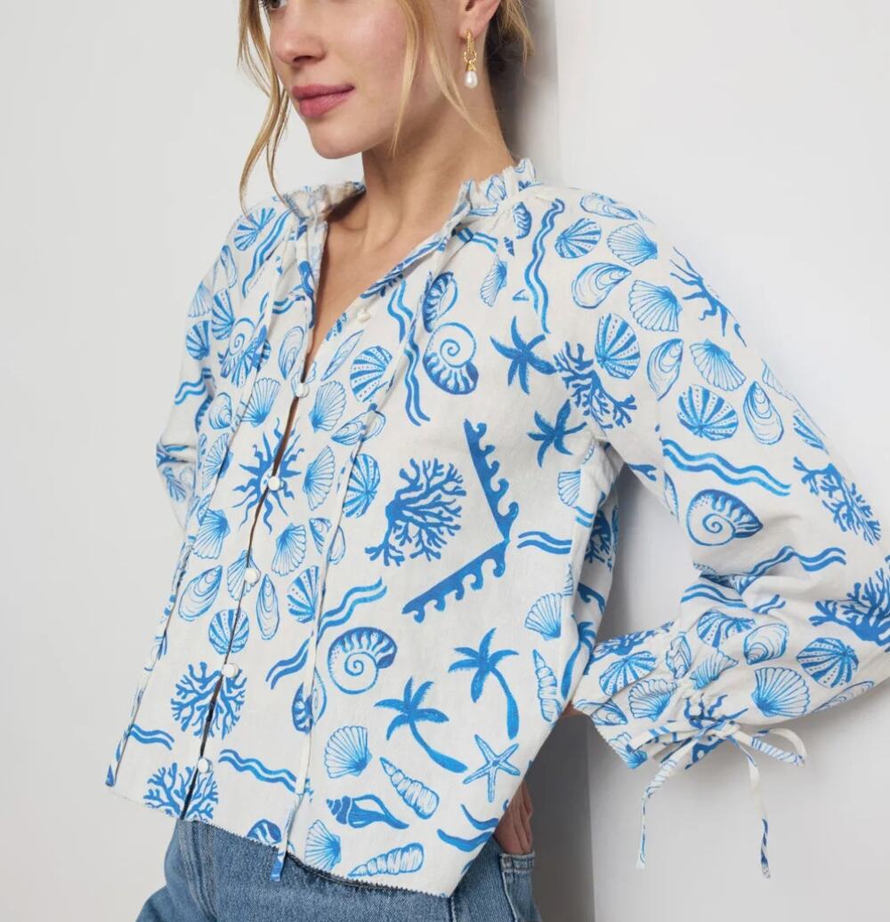 Saylor Blue White Nautical Peasant Top MEDIUM Cottage Designer Cotton Linen $200